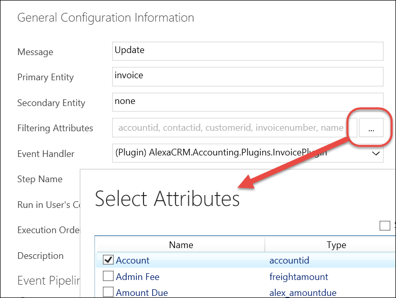 Select filtering attributes in plugin registration tool