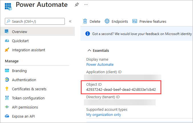 Screenshot of app registration properties in Azure portal. Object ID property is highlighted.