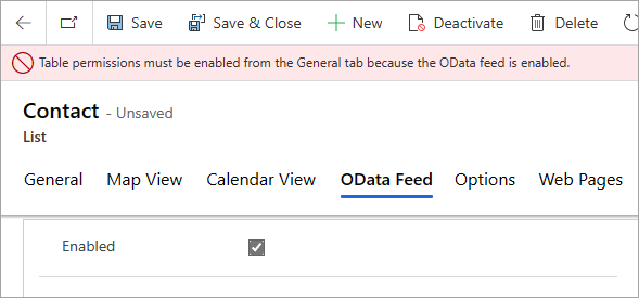 Screenshot of the error message that stops user from saving a list with OData Feed enabled and table permissions disabled. The error message reads "Table permissions must be enabled from the General tab because the OData feed is enabled". 