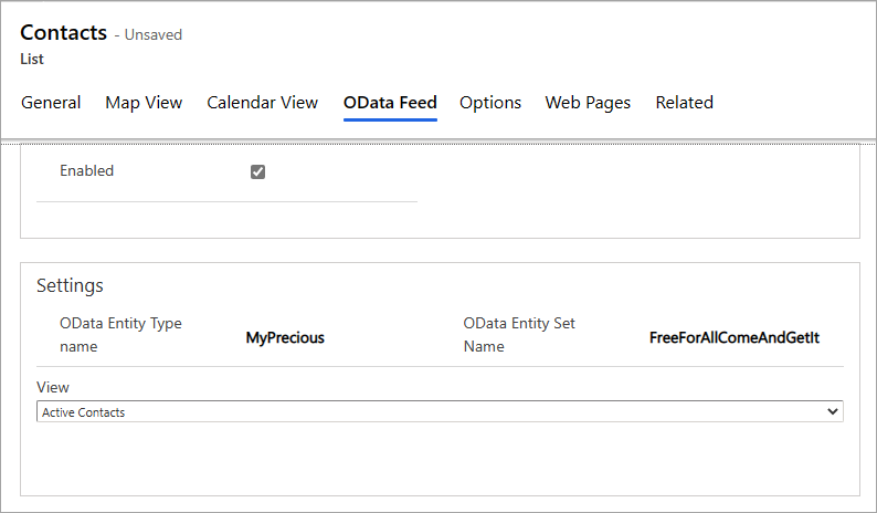 OData feed tab of the list form containing Enabled checkbox that is checked indicating that OData feeds are enabled.