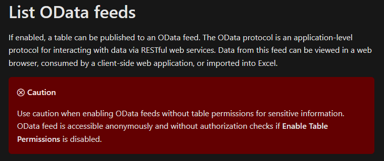 Screenshot of OData feeds documentation page with the following white on red text: "Use caution when enabling OData feeds without table permissions for sensitive information. OData feed is accessible anonymously and without authorization checks if Enable Table Permissions is disabled."