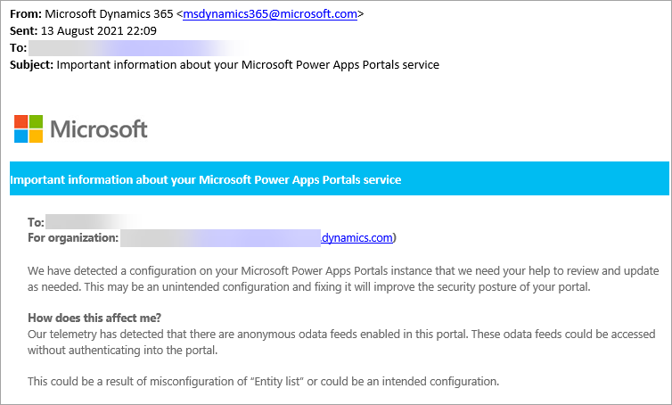 Screenshot of a notification email sent from Microsoft Dynamics 365 notification service to customers who have anonymous OData feeds enabled in a portal.