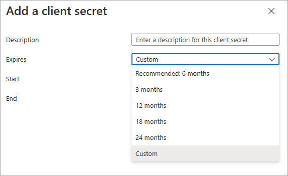 Azure dialog to add a client secret. Expiration date dropdown is expanded showing that the maximum expiration date can only be up to 2 years in the future