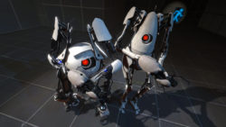 Screenshot from Portal 2 game by Valve. Screenshot contains two robots from the in-game promotion video on cooperation.