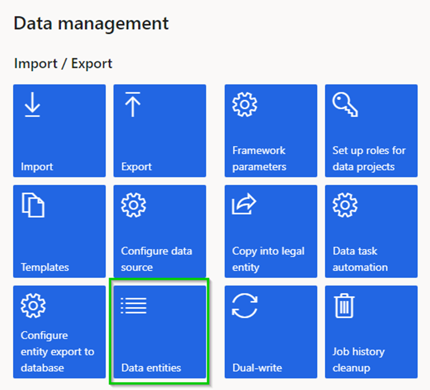 F&O Data management interface with Data entities button highlighted.