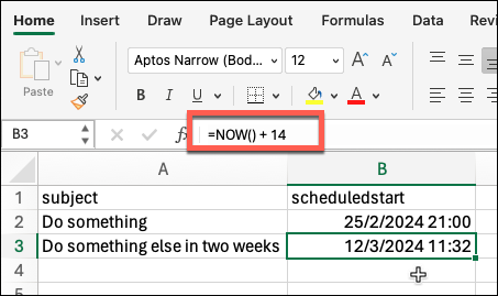 Screenshot of an Excel spreadsheet. Selected cell has the following formula in it: NOW() + 14.