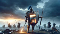 A digitally created image featuring a knight in full armor at dusk, holding a large shield designed to resemble a giant calculator with an illuminated display. The knight is poised for battle with a sword in the right hand. In the extended background, a dramatic and cloudy sky looms over a chaotic medieval battlefield scene, with silhouettes of other knights engaged in combat and fallen warriors scattered across the field, enhancing the surreal fusion of ancient warfare and modern technology.