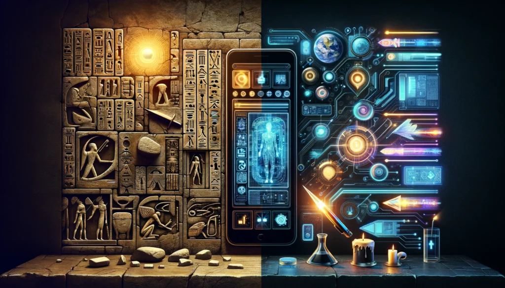 The image illustrates a stark contrast between two versions of the Power Automate maker interface. On the left side, ancient Egyptian hieroglyphs are carved into a stone wall, bathed in a warm, golden glow emanating from a sun-like source, representing an ancient user interface. On the right side, a futuristic and advanced user interface is depicted with vibrant neon circuitry, transparent screens, and augmented reality elements, all glowing against a dark background, symbolizing cutting-edge technology. The two sides are dramatically juxtaposed to highlight the evolutionary leap in technology from past to future.
