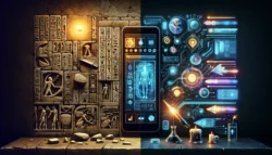 The image illustrates a stark contrast between two versions of the Power Automate maker interface. On the left side, ancient Egyptian hieroglyphs are carved into a stone wall, bathed in a warm, golden glow emanating from a sun-like source, representing an ancient user interface. On the right side, a futuristic and advanced user interface is depicted with vibrant neon circuitry, transparent screens, and augmented reality elements, all glowing against a dark background, symbolizing cutting-edge technology. The two sides are dramatically juxtaposed to highlight the evolutionary leap in technology from past to future.