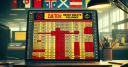 The background of the image is a blurred office setting with a clear focus on a large, slightly angled Excel spreadsheet in the foreground. The spreadsheet is filled with columns containing multilingual text to symbolize translations in Dataverse. One of the middle columns is highlighted with a dramatic red overlay and a bold prohibition sign (a circle with a diagonal line) to catch the eye immediately, symbolizing the rule against deletion. Above the spreadsheet, in a cautionary yellow, the text reads: "Caution: Never Delete Columns!" with a subtitle saying, "Essential Dataverse Translation Rule" to provide context to the viewer. The prohibition sign is mirrored in the upper corner of the image for added emphasis, and there's a faint overlay of a globe made up of various national flags on the lower side of the spreadsheet, indicating the international nature of translations. The overall color scheme uses stark reds and yellows against a professional, muted background to grab attention and convey the seriousness of the message. The design balances a professional tone with the dramatic flair needed for social media engagement.