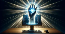 An ethereal human hand radiates with a brilliant blue glow from the center of its palm, positioned above a computer monitor that displays lines of code. The background is black, dramatized by radiant white beams emanating from the hand and spreading outward. The hand appears to be invoking powerful digital magic, suggesting command over the computer and its software. The scene conveys a sense of authority and control within a technological context, emphasizing the power of digital creation and manipulation.