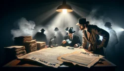 A film noir-style social media image depicting a tense scene where a detective with a magnifying glass closely examines a large, printed JSON document, illuminated by a single light in a dark, smoke-filled office, while an assistant looks on.