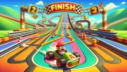 Vibrant digital illustration of a cartoon-style Italian plumber in a go-kart on a colorful racing track, reminiscent of a classic console game. Multiple parallel lanes on the track merge toward a 'FINISH' banner. Each lane is outlined in different bright colors and the scene is set against a cheerful landscape under a blue sky. The character is depicted in mid-race, with a focused expression, racing towards the finish line where a trophy awaits. The whimsical atmosphere of the image captures the excitement and nostalgia of retro racing games.
