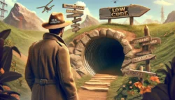 The image presents an adventurous scene where an explorer, evoking a 1930s adventurer with a hat labeled "REAL DEVELOPER," stands before a tunnel entrance, suggesting the start of a journey or discovery. To the right, a signpost with the word "LOWCODE" points in the direction of the tunnel, indicating that this path is a shortcut or a more efficient route. The surrounding environment is lush and verdant, with mountains in the distance and a clear sky above. An airplane flies overhead, contributing to the sense of adventure and exploration. The overall composition of the image combines themes of old-school exploration with modern software development concepts.
