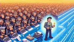 This image shows a whimsical and colorful illustration where a large group of cartoon baboons are typing away on old-fashioned typewriters. The baboons, each showing various expressions of focus and frenzy, symbolize inefficient coding practices. In stark contrast, a confident and smiling 'Real Developer' stands in the foreground holding a magic wand, symbolizing modern and efficient coding methodologies. The background is filled with streams of code flowing into the sky, enhancing the contrast between outdated and advanced approaches to coding.