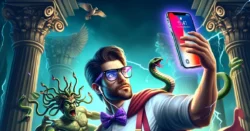 Illustration of Perseus as a computer geek using an iPhone to defeat Medusa. Perseus, dressed in a nerdy outfit with glasses, a bow tie, and suspenders, holds an iPhone up, looking at Medusa's reflection in the screen to avoid being turned to stone. Medusa, with snakes for hair and a fierce expression, is seen in the background. The setting is a dark, ancient temple with stone pillars and a mystical atmosphere. The image uses vibrant and dramatic colors.